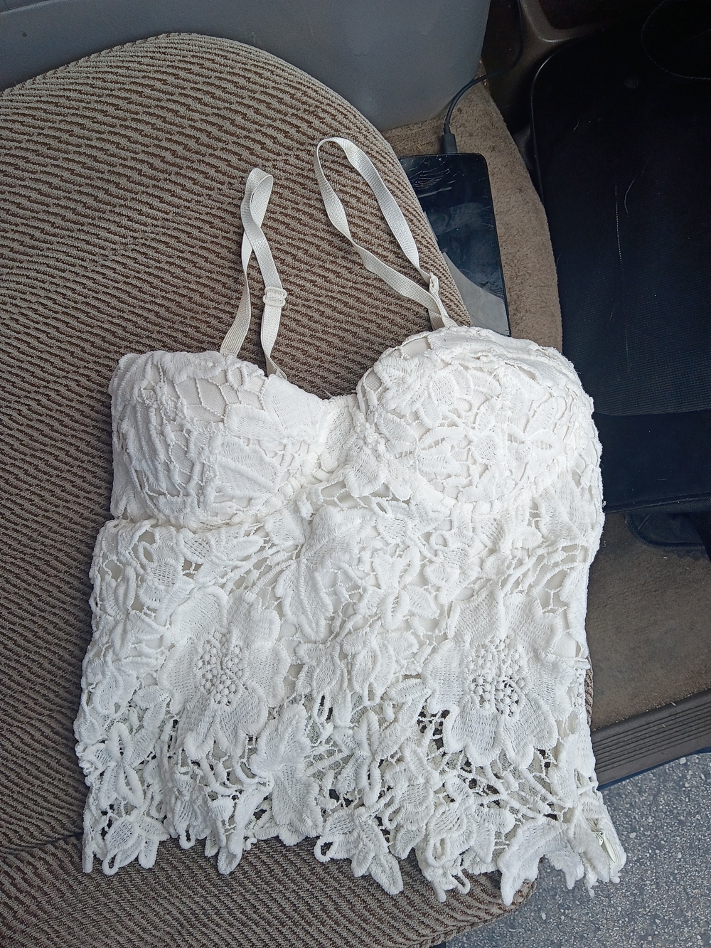 Lace Overlay White Tank Top with Built-In Cups Small Medium